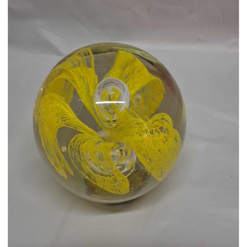 Vintage Glass Paperweight Yellow Flower with Controlled‎ Bubble 3" X 3"
